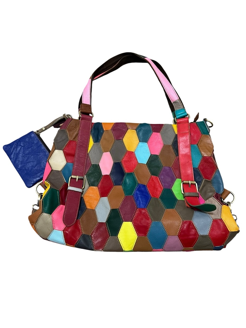 AmeriLeather Miya Honeycomb Multicolor Patchwork Leather Shoulder Bag